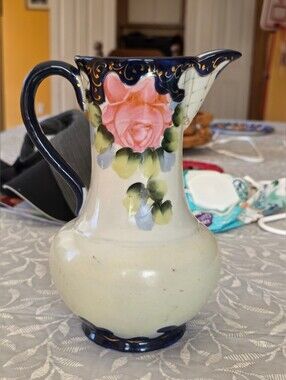 Handpainted 19th Century Porclaine  Pitcher - Pink Rose on Navy Trim